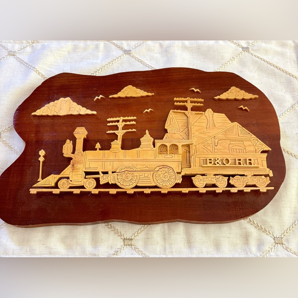 Wooden Train Plaque. Original handmade wood decor with intricate train detail